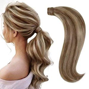 RUNATURE Clip in Ponytail Hair Extensions Human Hair Ash Brown Highlight Platinu